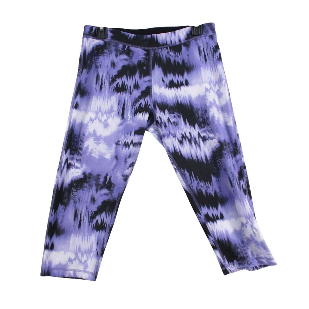 Adidas Womens Purple Black Abstract Wave Print Cropped Legging L Athletic Tights - Picture 1 of 13